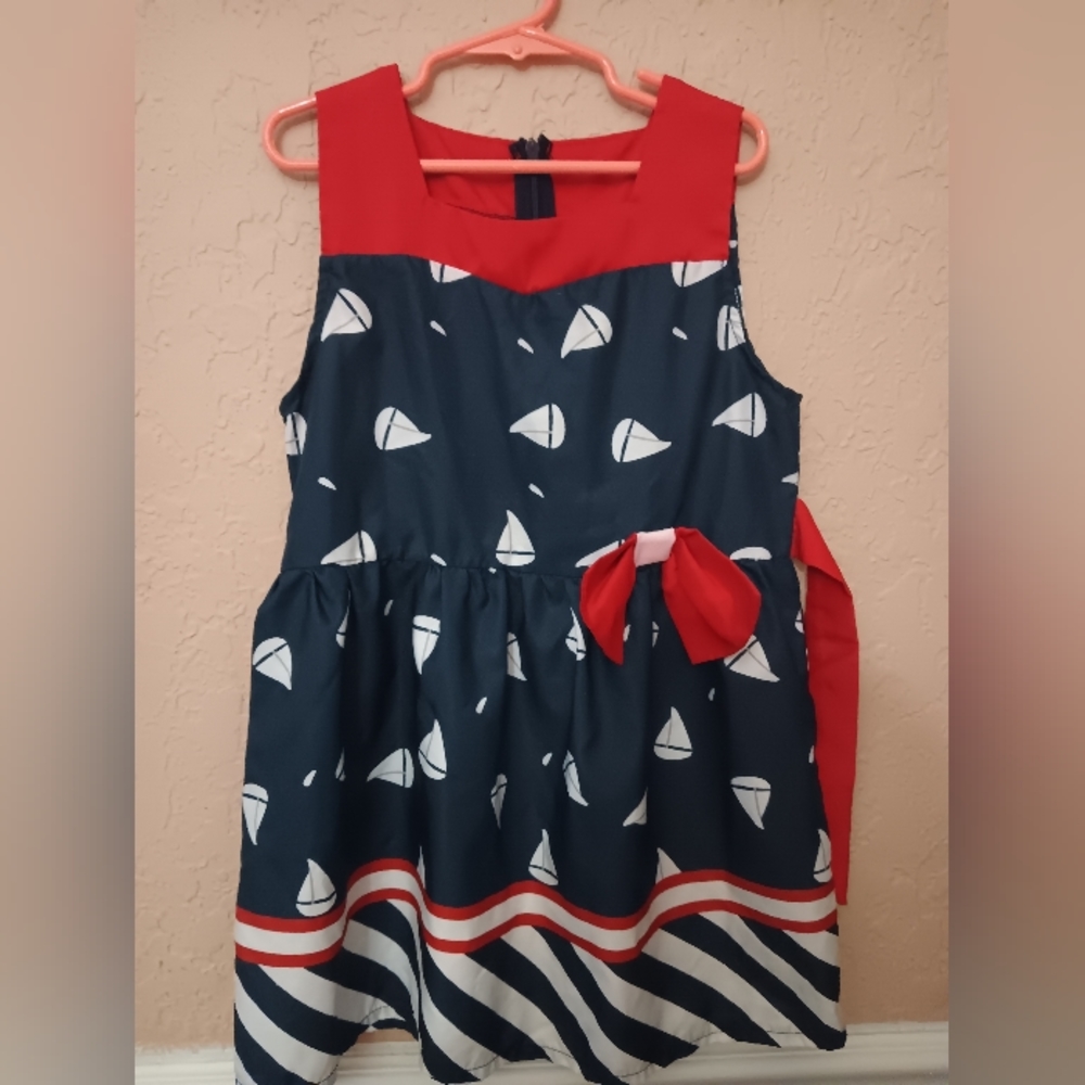 Boutique purchased red, white Navy blue sailboat dress size 8/9